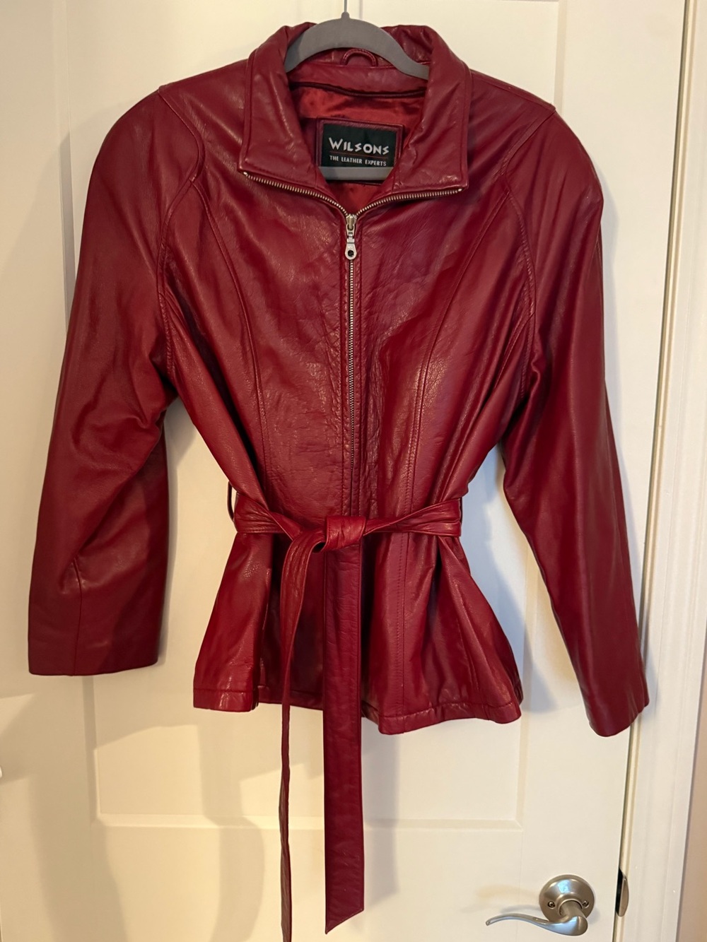 Wilsons Red Genuine Leather Belted Jacket Size L Vintage Y2K